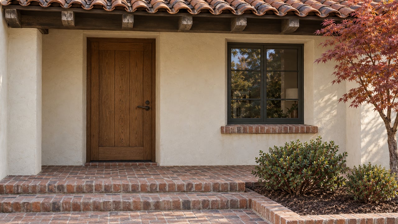 Cream stucco home entrance with an oak door, clay tile porch roof, worn brick steps and a copper-red Japanese maple.