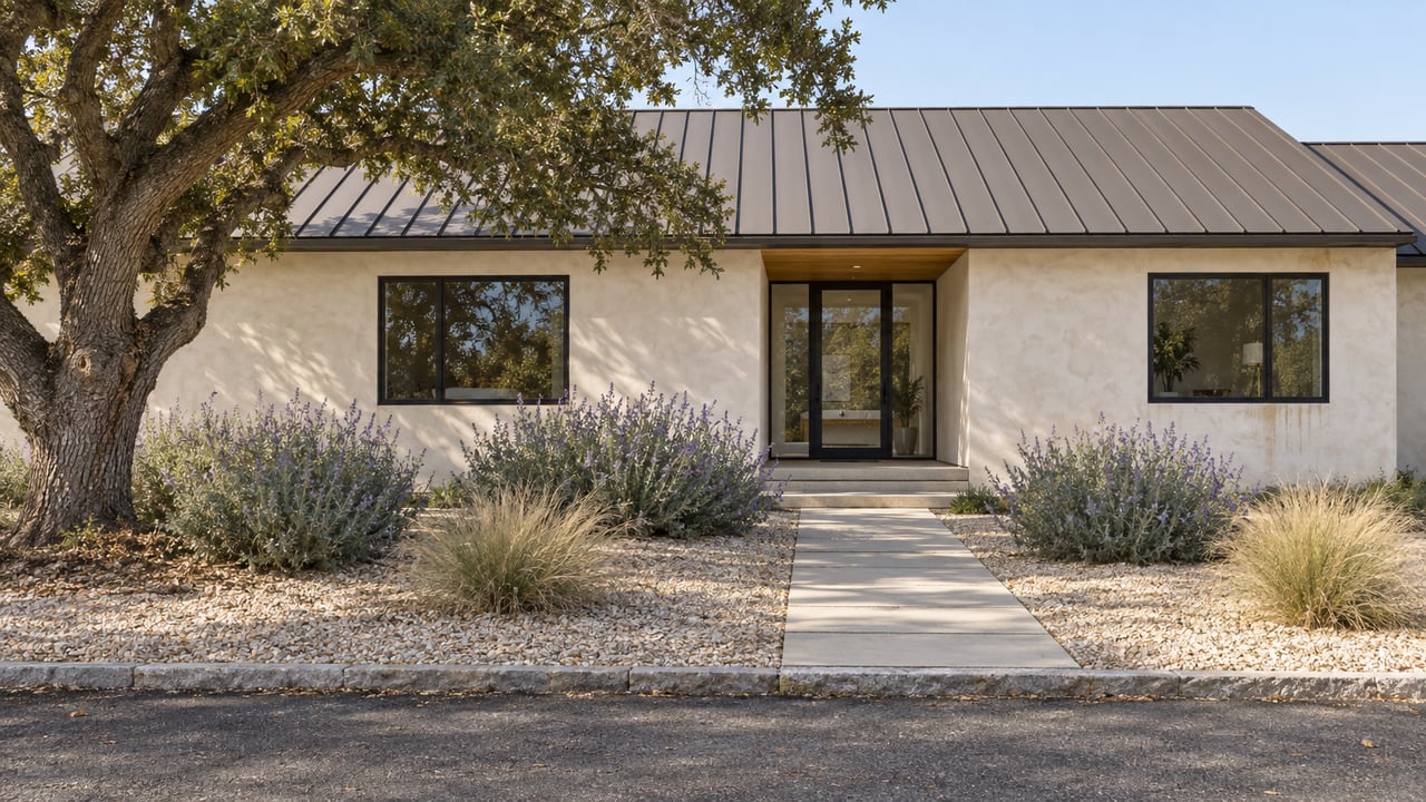 Single-story stucco house with dark gabled roof, set behind a dry garden and mature oak.
