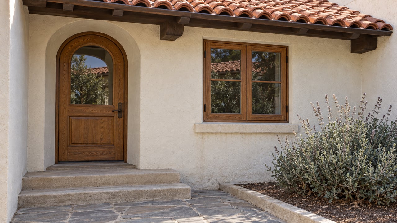 Cream stucco home with a clay-tile roof, an arched glazed oak front door, a timber window, and worn stone entry paving beside Cleveland sage.