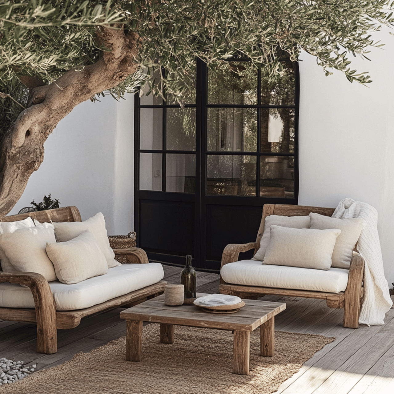 Outdoor patio with white-cushioned wooden sofas beneath a large tree.