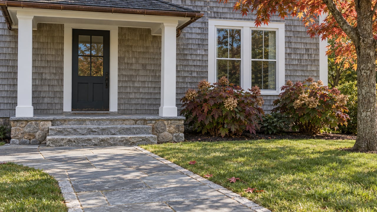 Weathered cedar-shingle cottage with a white-trimmed porch, granite steps, bluestone walk and red autumn leaves.