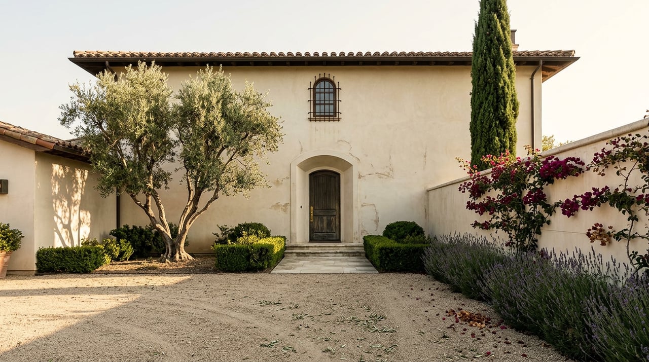 Mediterranean-style stucco home with an arched entry, olive tree, cypress, and gravel motor court.