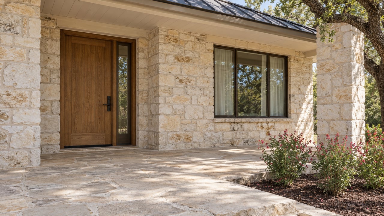 Cream limestone porch with an oak entry door, bronze-framed window and stone landing beneath a shallow metal roof.
