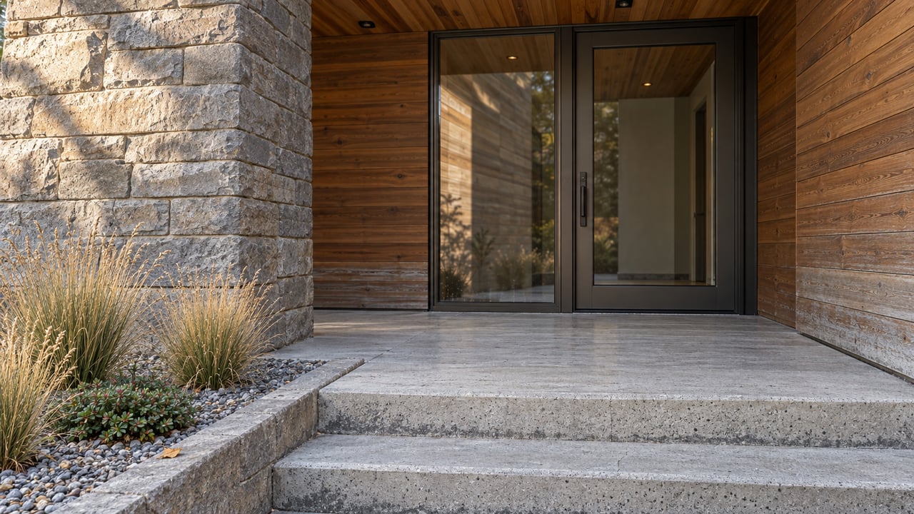 Sunlit cedar and sandstone home entry with dark-framed glass, broad concrete steps and a small drought-tolerant planting bed.
