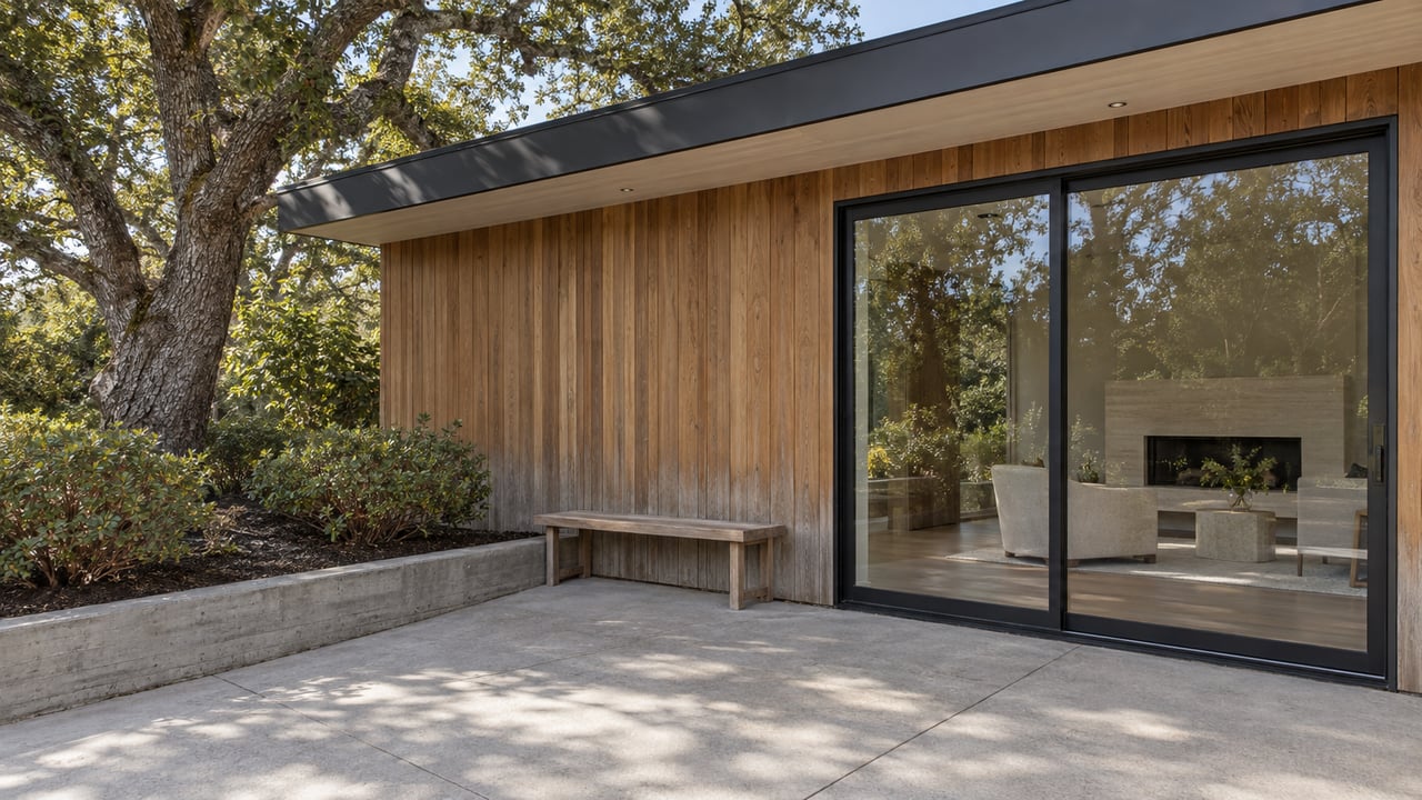 Cedar-clad single-story home with black-framed glass doors, a concrete terrace and teak bench beside a mature oak and manzanita planting.