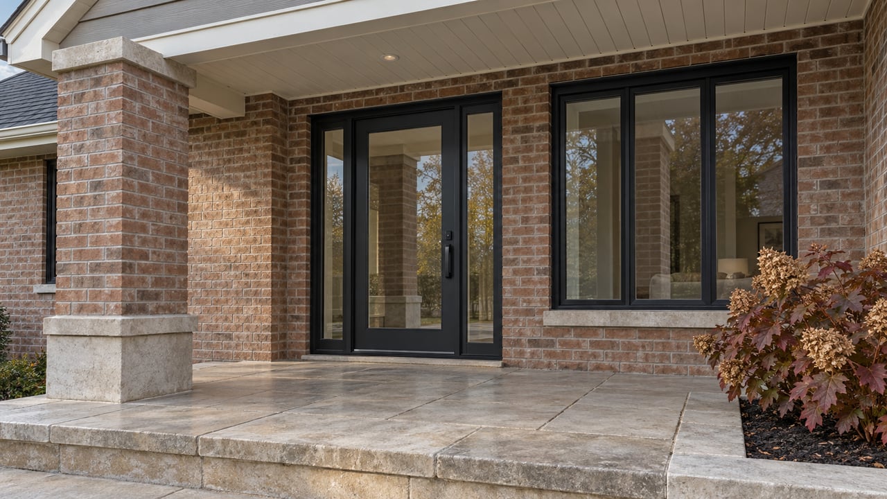 Covered residential entry with red-brown brick, black-framed glass doors, limestone steps and autumn oakleaf hydrangea.