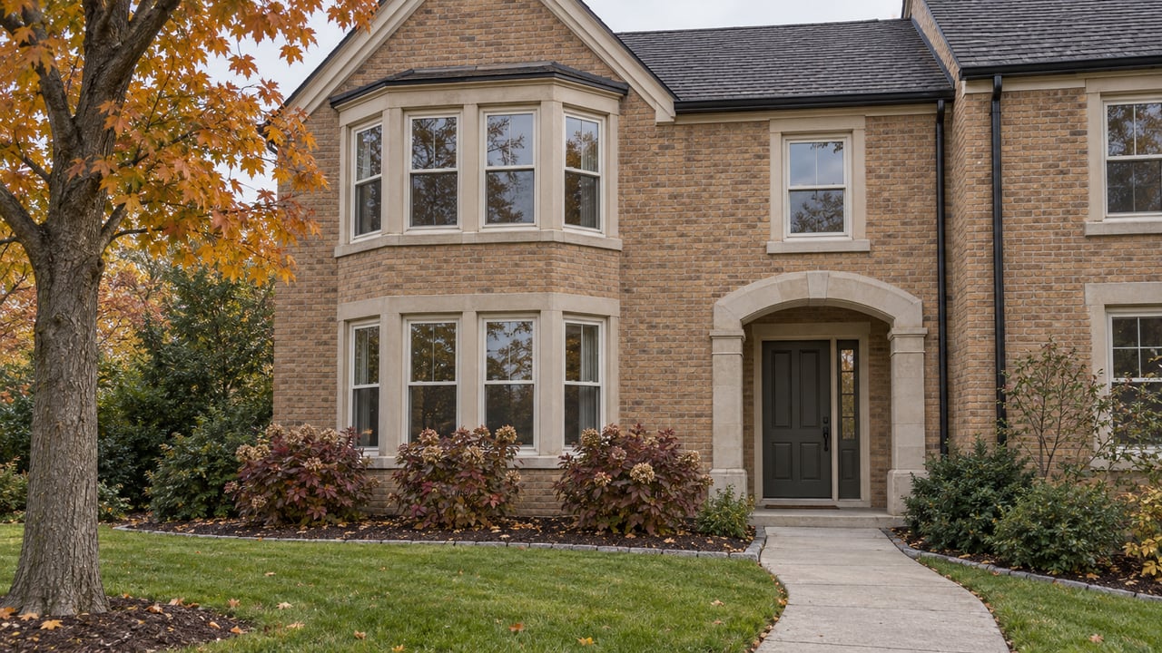 Buff-brick attached home with a gabled window bay, limestone arched entrance and small autumn garden.