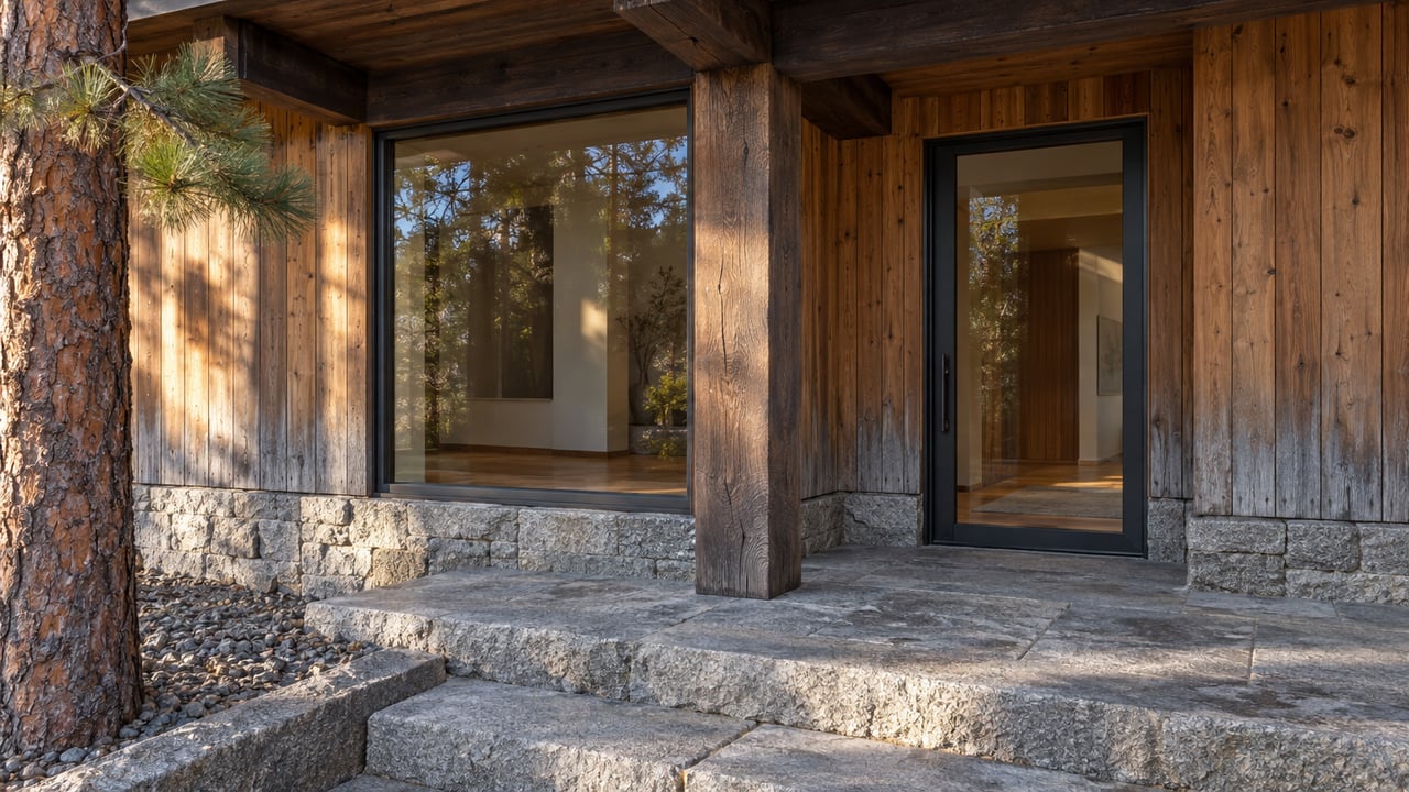 Sunlight grazes a cedar and granite home entrance with dark timber beams, closed glass doors, and worn stone steps beside a pine.