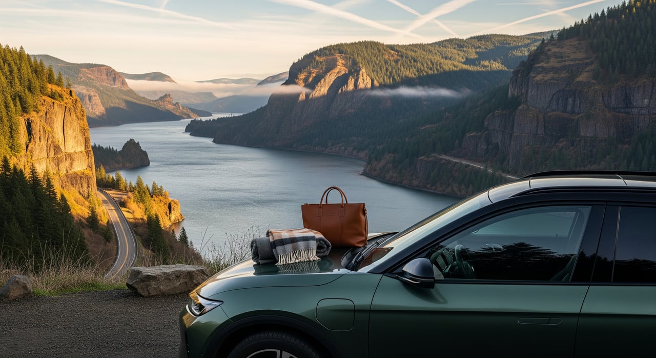 Green SUV with a brown leather bag and blanket on its hood overlooks a winding river canyon.