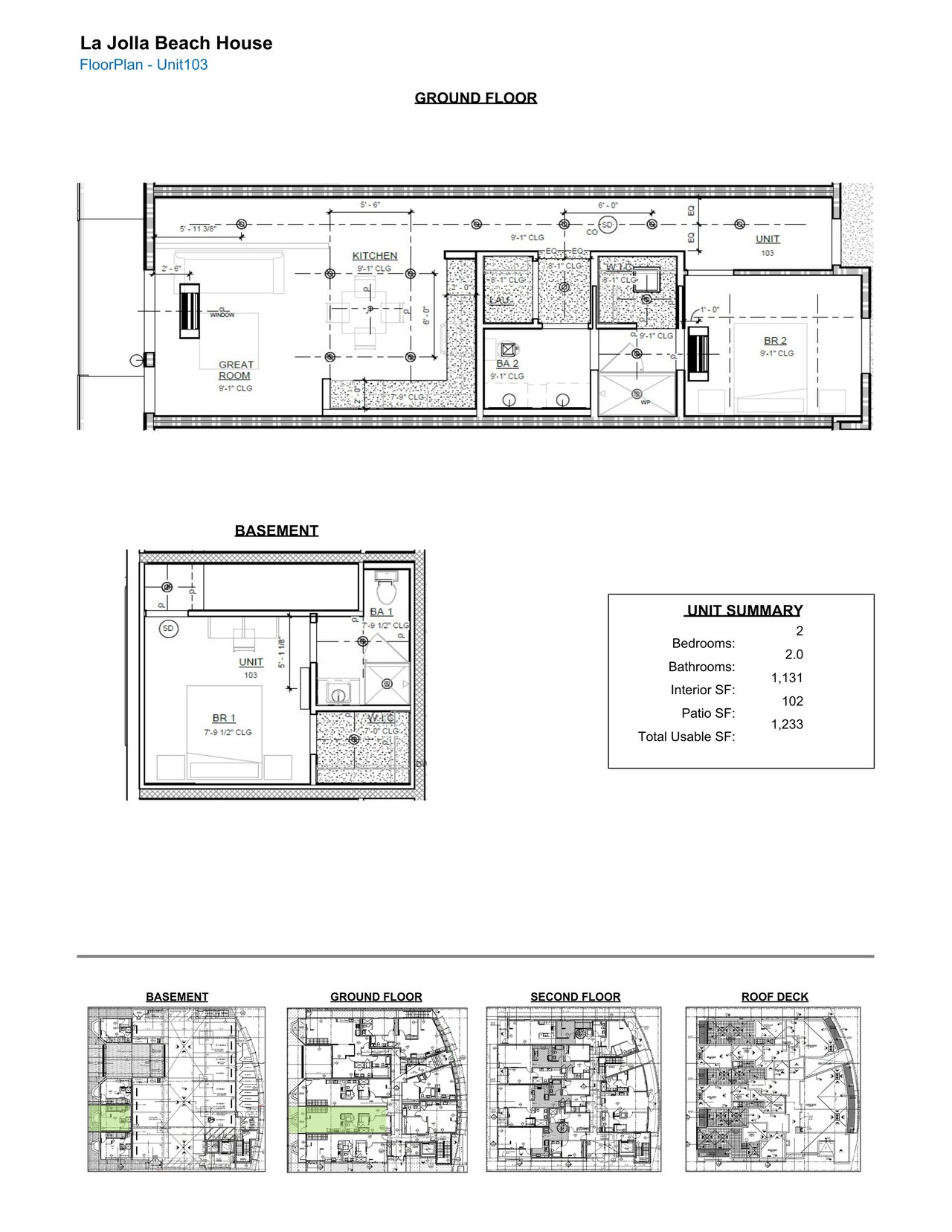 Unit 103 floor plan at La Jolla Beach House, with detailed ground-floor and basement plans and smaller plans of all four levels.
