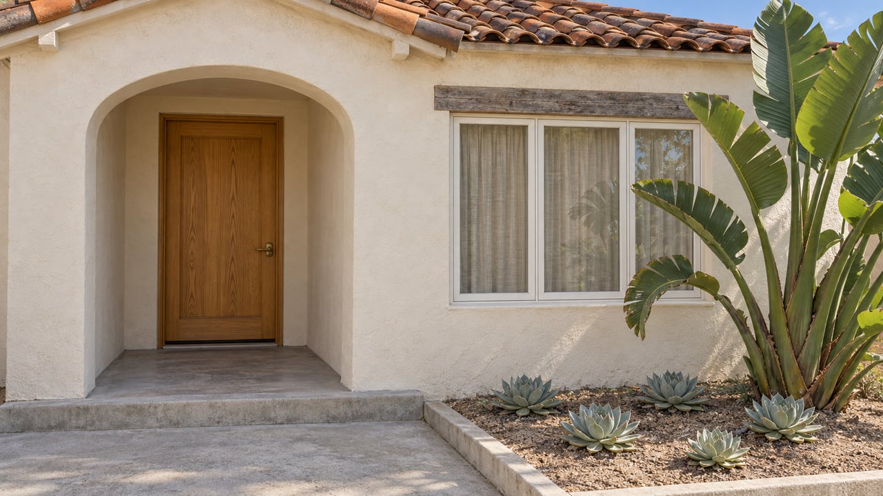 Sunlit cream stucco home with a clay-tile gable, arched recessed oak entry, and sculptural planting beside a concrete approach.