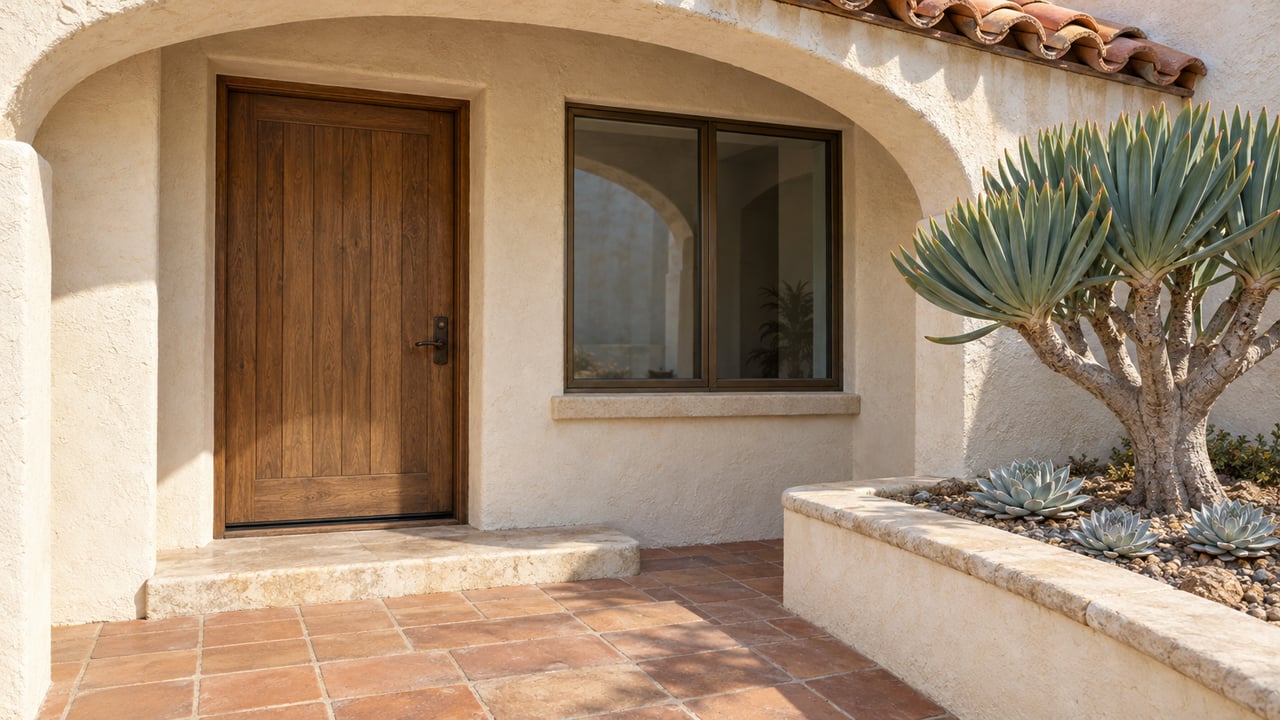 Sunlit stucco entrance with a recessed oak door, terracotta paving, clay roof tiles, and a raised succulent bed.