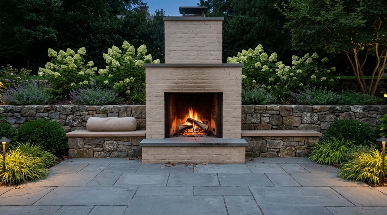 Outdoor brick fireplace with burning logs, flanked by stone benches and leafy plantings on a bluestone terrace.