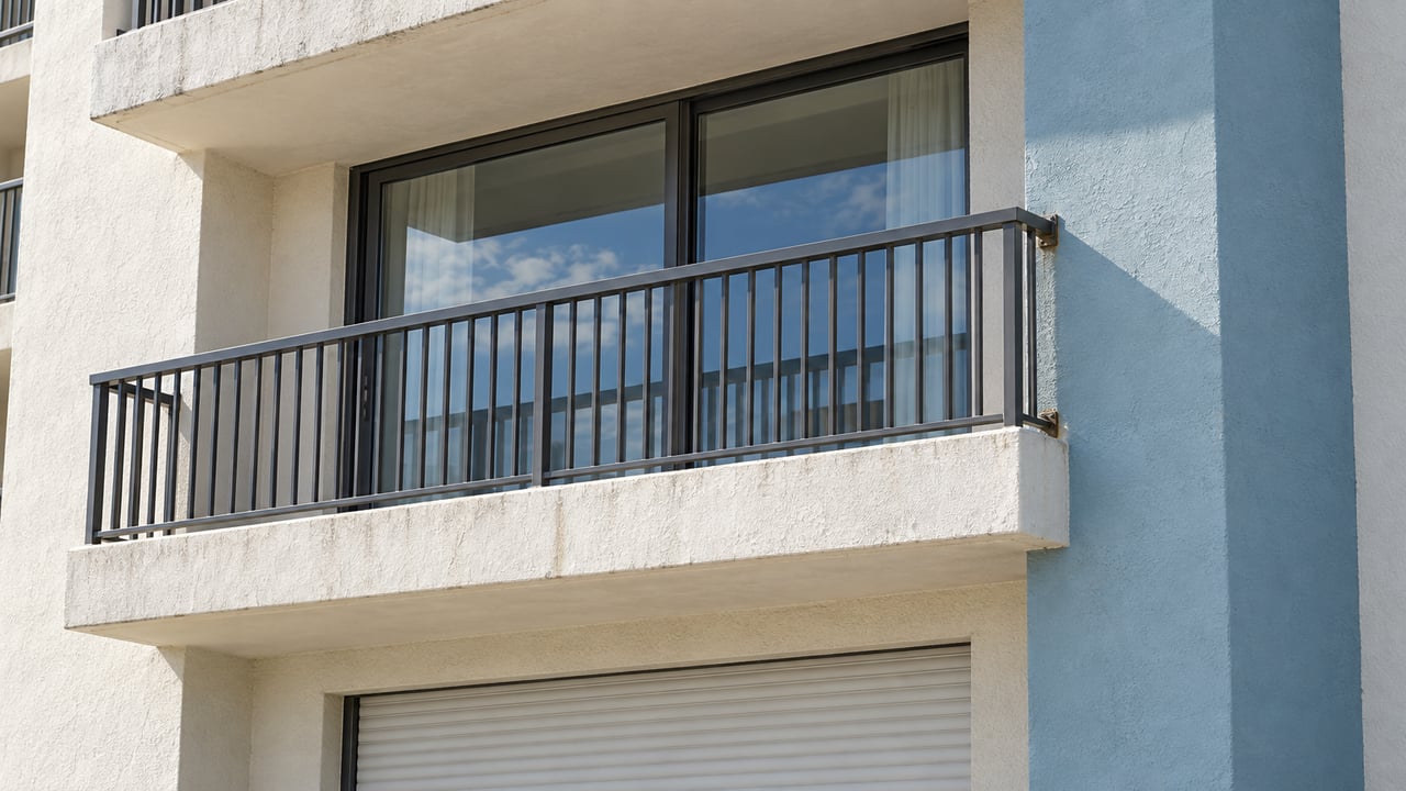 Condominium facade with a metal-railed balcony, closed glass slider, and shuttered window below.