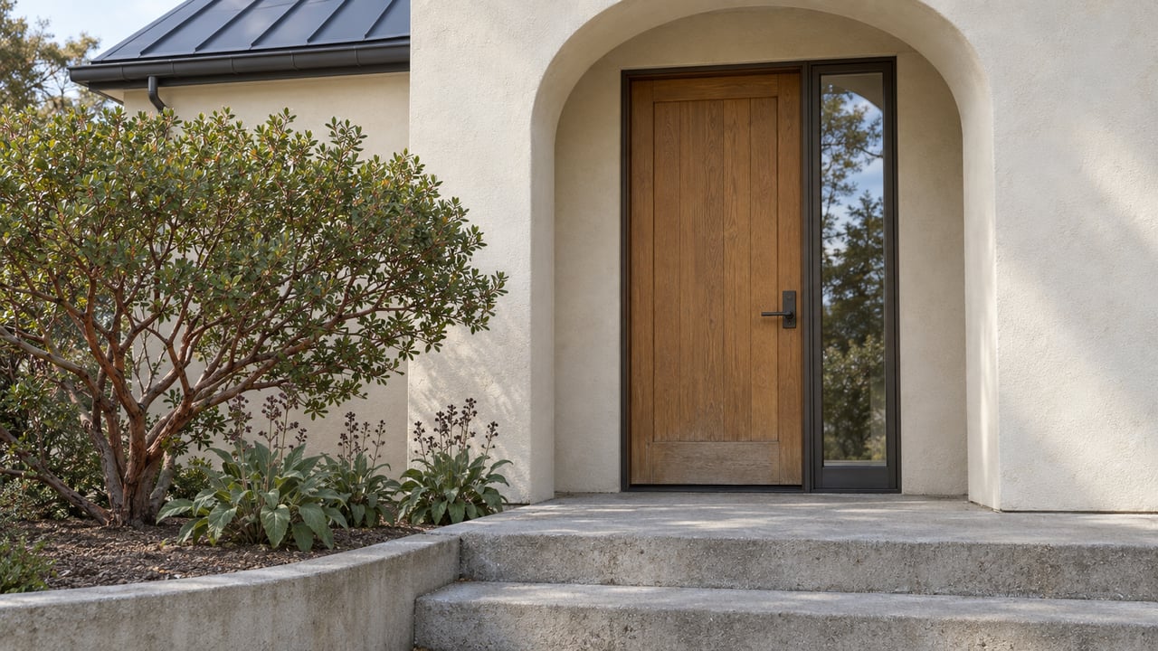 Ivory stucco home entry with an arched recess, oak door, concrete steps and a sculptural manzanita beside the approach.