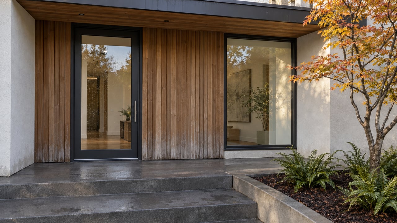 Modern home entrance with vertical wood siding, broad concrete steps, and autumn foliage.
