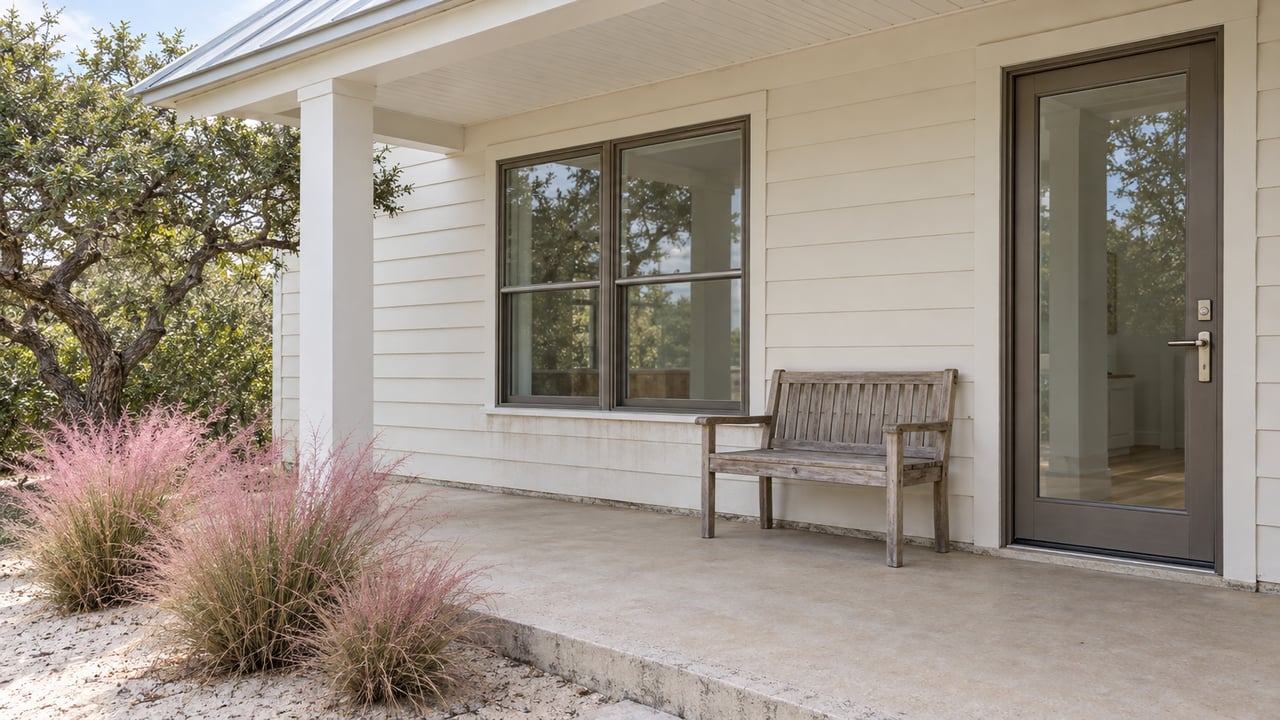 Covered front porch with ivory siding, bronze-framed glazing, a weathered teak bench, and pink muhly beside a sand live oak.