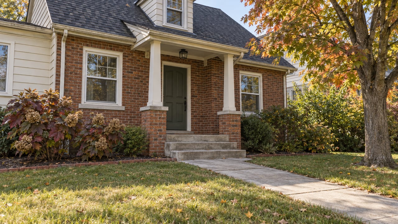 Brick-and-cream-clapboard cottage with a green front door, concrete approach, and amber maple foliage in morning light.