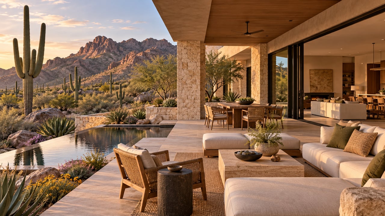 Shaded stone terrace with seating and glass doors overlooking saguaros and desert mountains.