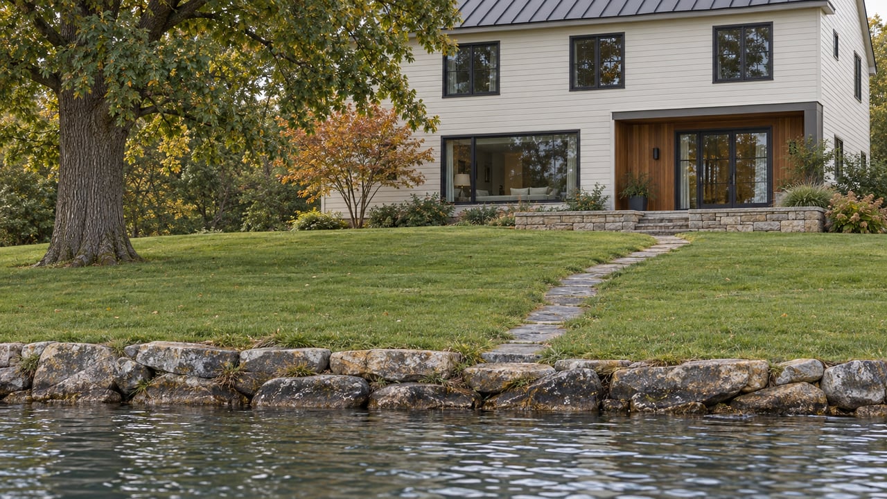 Two-story cream-sided lakeside house beyond a broad lawn, with a stone shore and narrow path.