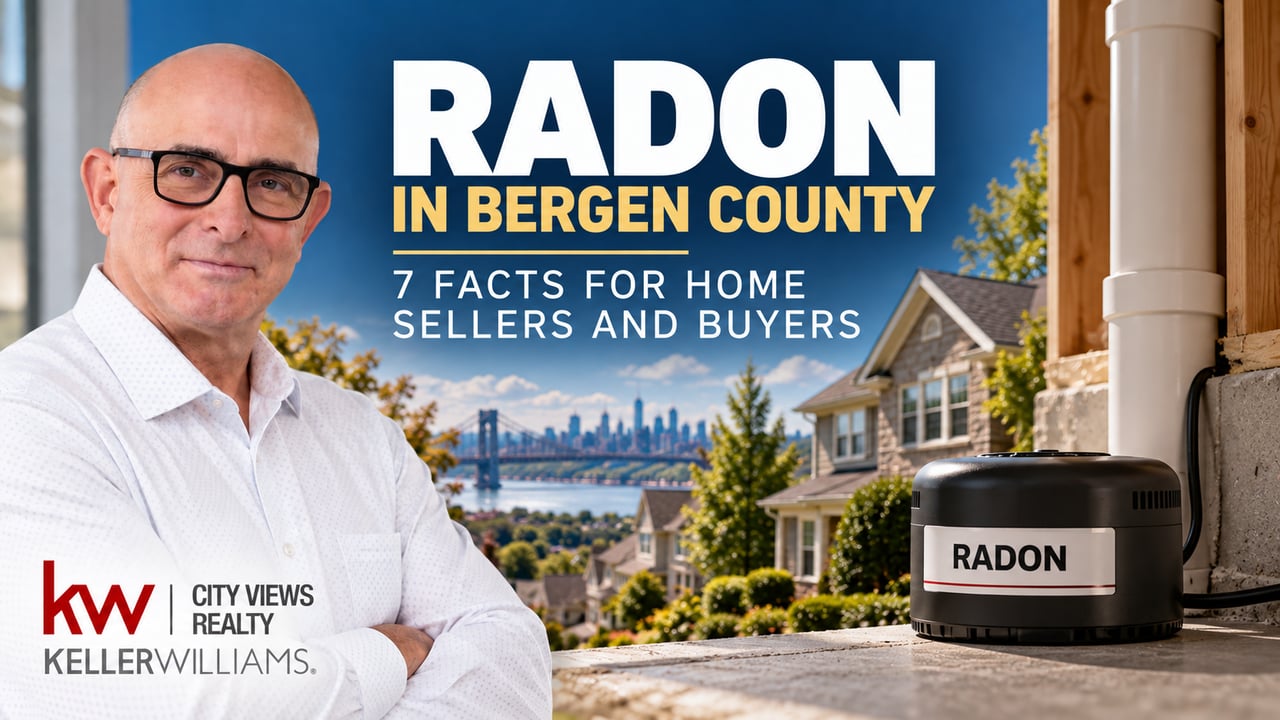 Radon in Bergen County: seven facts for home sellers and buyers, with a radon monitor and Keller Williams branding.