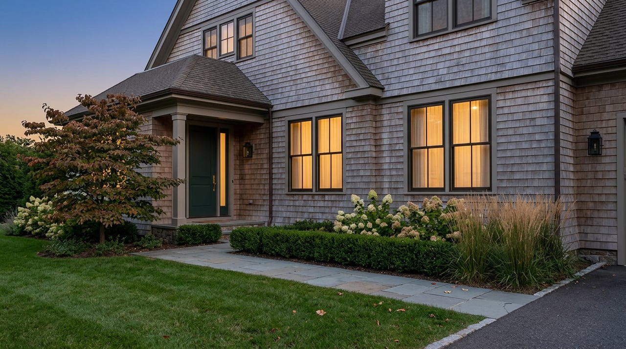 Shingle-clad home at dusk with warm glowing windows, a green entry door, and a bluestone walk through the lawn.