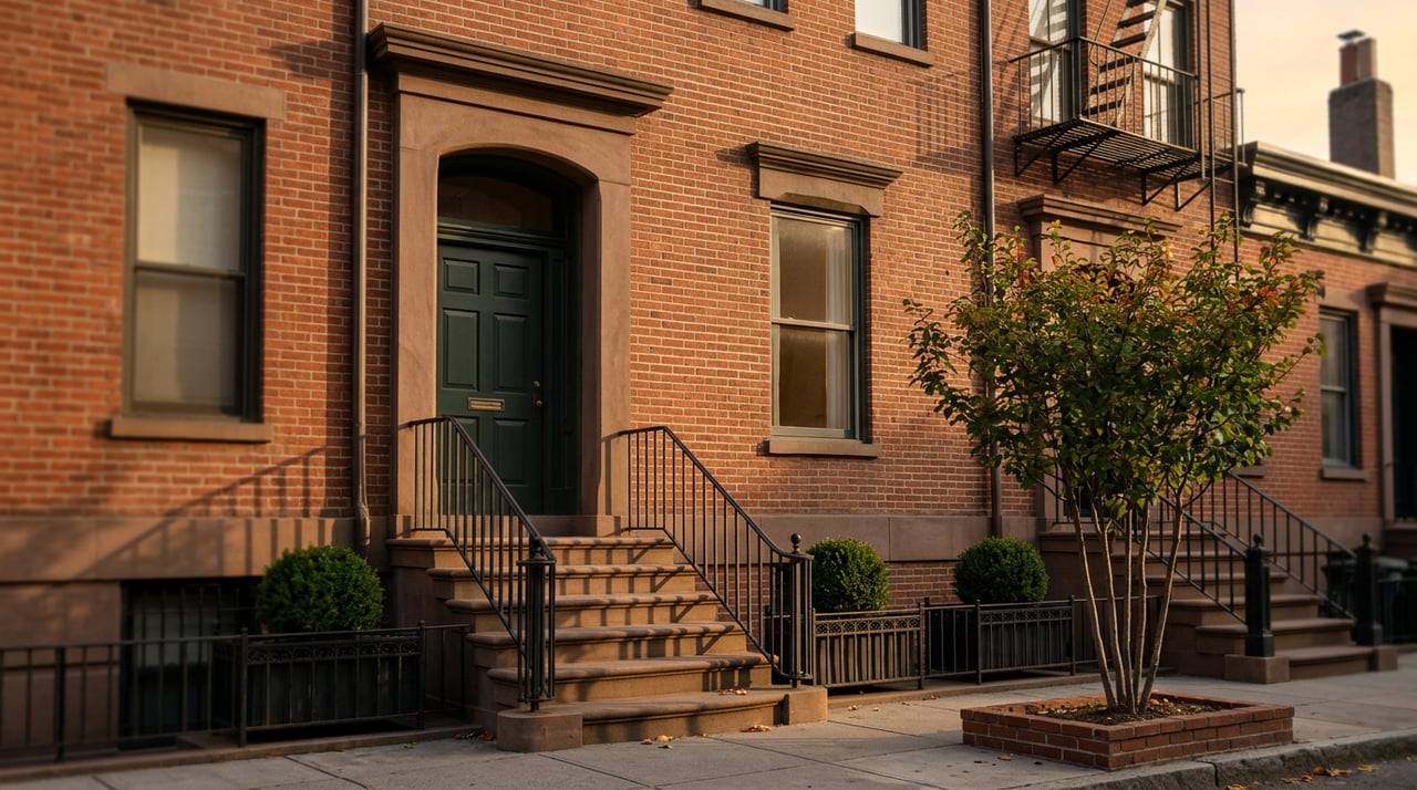 Brick rowhouse stoop with worn stone steps, black iron railing, green door, and matching boxwood planters.