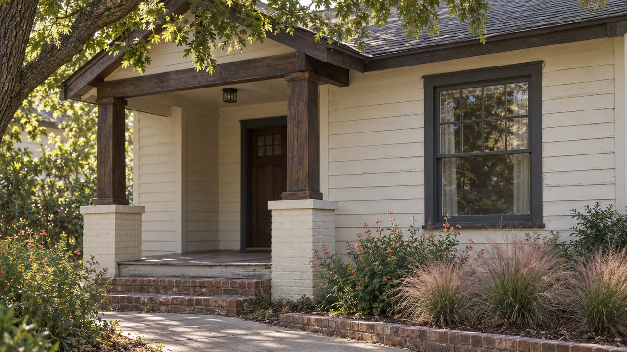 Cottage porch with cedar posts, brick piers, a divided-sash window, and oak branches overhead.