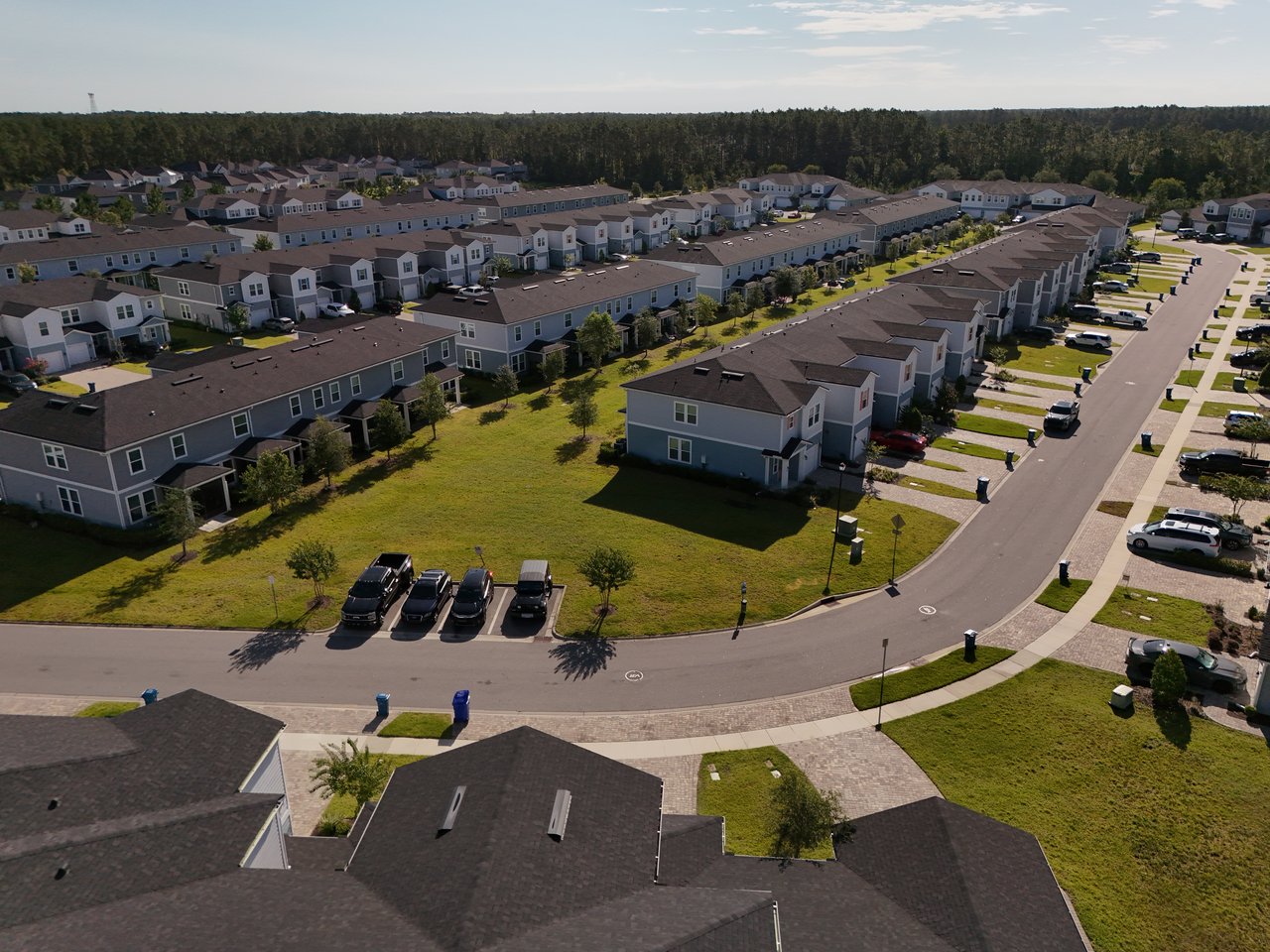 Aerial view of gray homes lining a residential street, with green lawns and woods beyond.