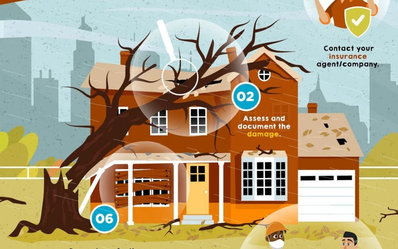 Storm-damage infographic showing a fallen tree across a house and guidance to contact insurance and document damage.