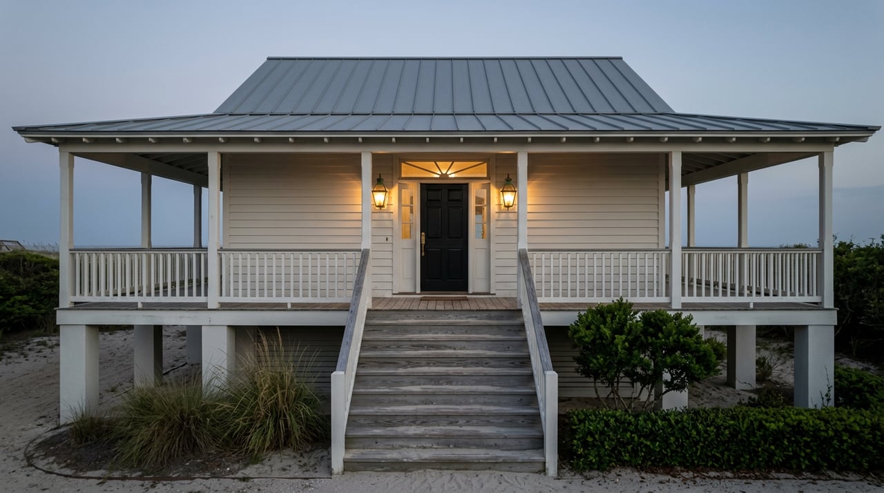 Raised coastal cottage entry with glowing brass lanterns, weathered stairs, and dune grasses at dusk.