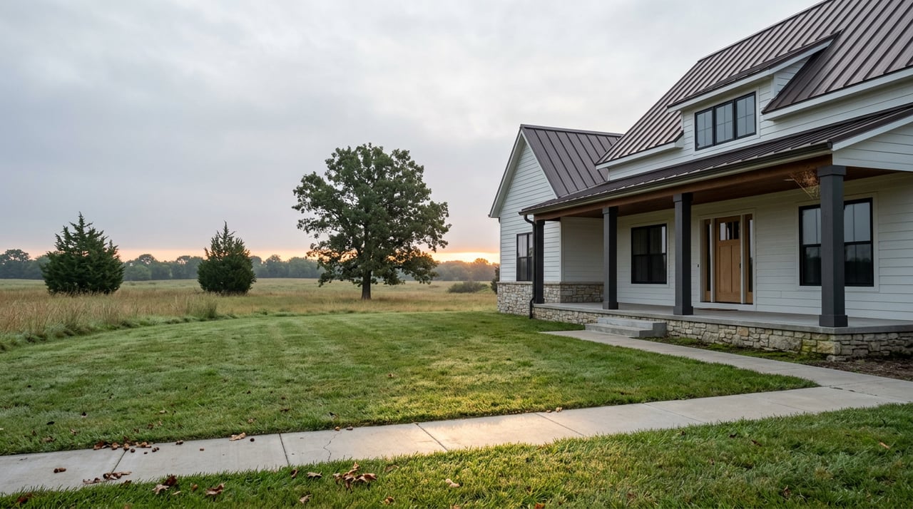 Modern farmhouse beside a grassland meadow, with a broad oak and hazy treeline beyond.