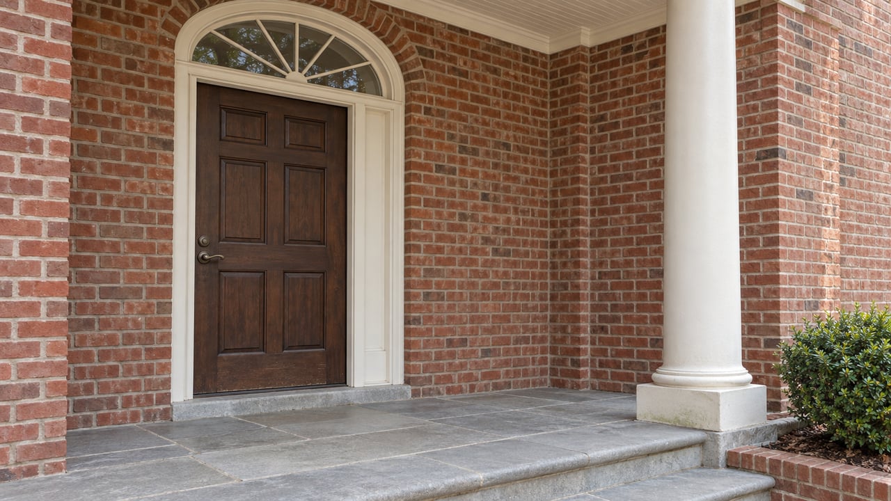 Close view of a red brick home's covered entry with an oak door, arched fanlight, ivory column and limestone porch steps.