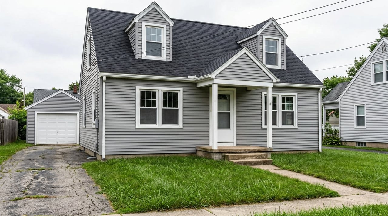 Dove-gray Cape Cod cottage with two dormers, a white-posted porch, front lawn, and detached garage.