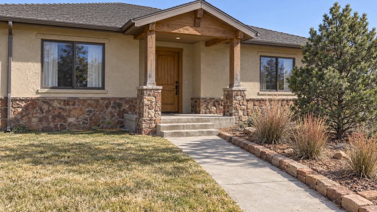 Modest stucco home with a pitched roof, timber porch, reddish stone base and autumn lawn beside a concrete front walk.