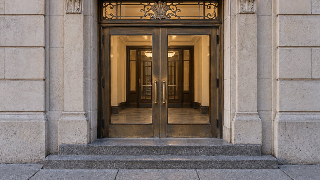 Carved limestone apartment entrance with closed bronze-framed glass doors, warm vestibule light and worn granite steps.