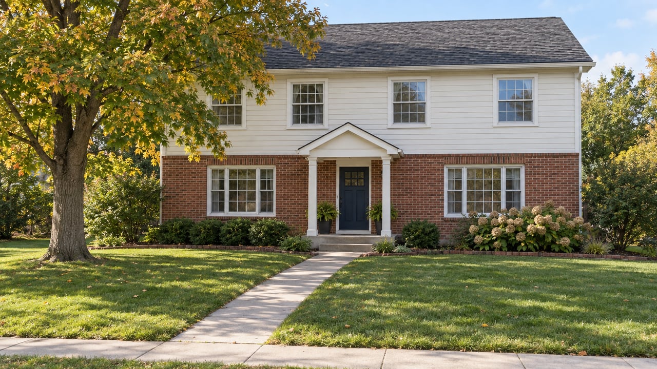 A red-brick and ivory-sided two-story home behind a deep lawn, with a mature maple and a concrete front walk in early autumn sunlight.