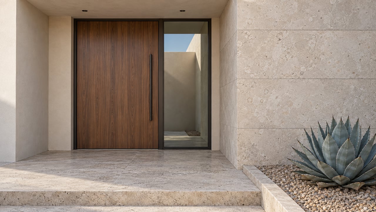 Sheltered home entrance with a walnut door, bronze-framed glass sidelight, limestone cladding and a blue-gray agave beside the stone landing.