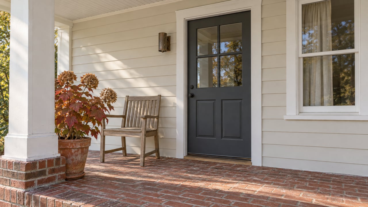 Morning light across a brick front porch with cream siding, a charcoal glazed door, an oak chair and an autumn oakleaf hydrangea.