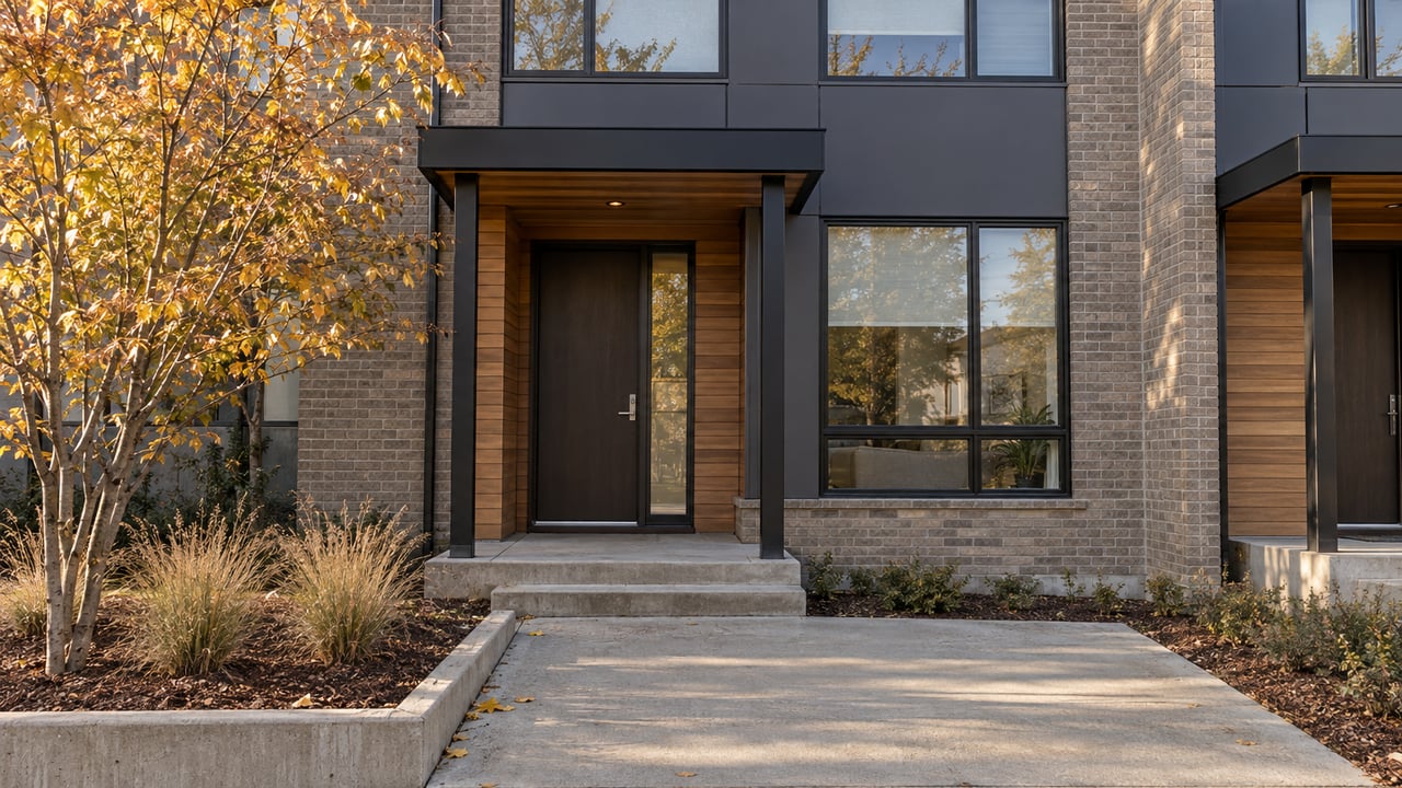 Contemporary townhome entry with cedar siding, gray brick, black-framed windows and a copper-yellow serviceberry beside the concrete approach.
