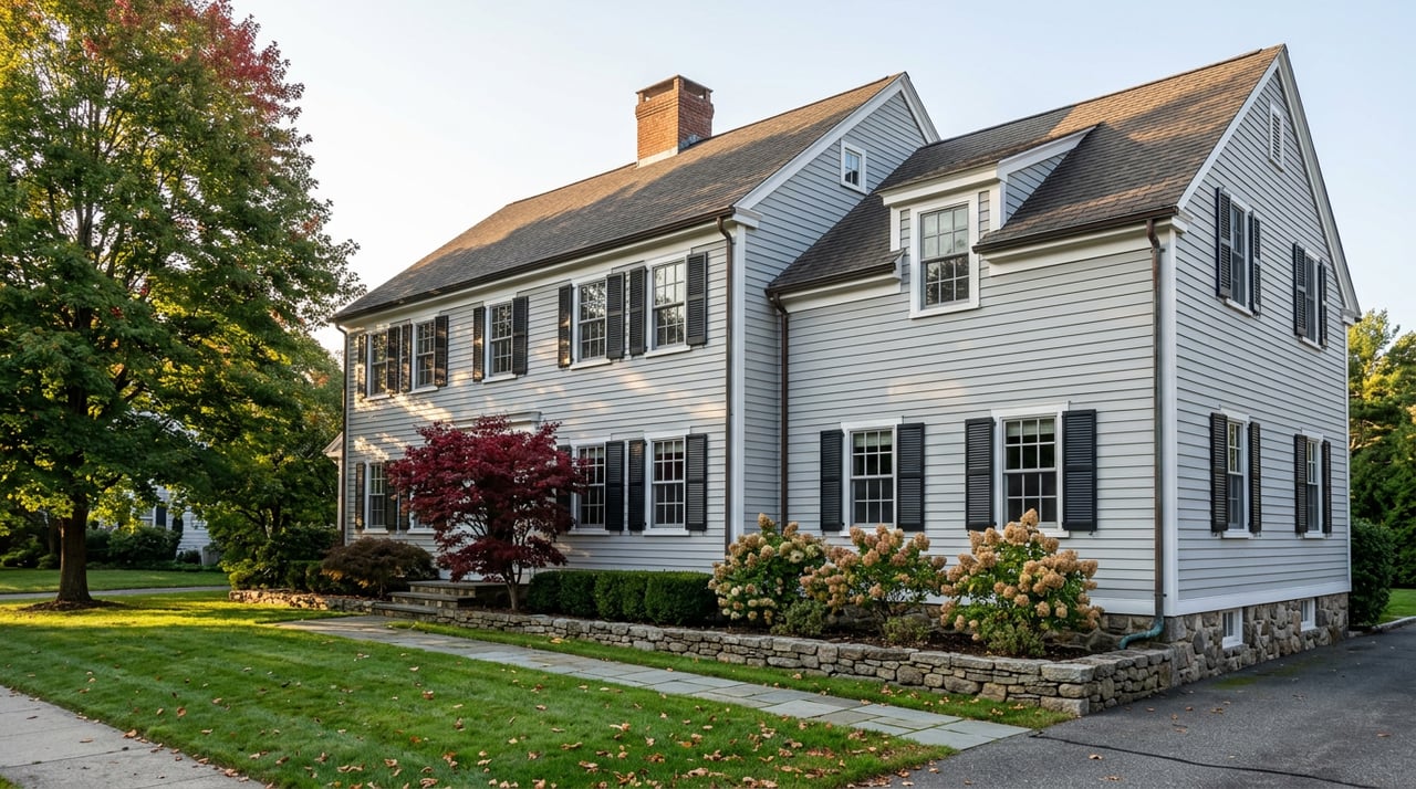 Two-story dove-gray clapboard house with intersecting gables, brick chimney, crimson Japanese maple, and broad autumn lawn.