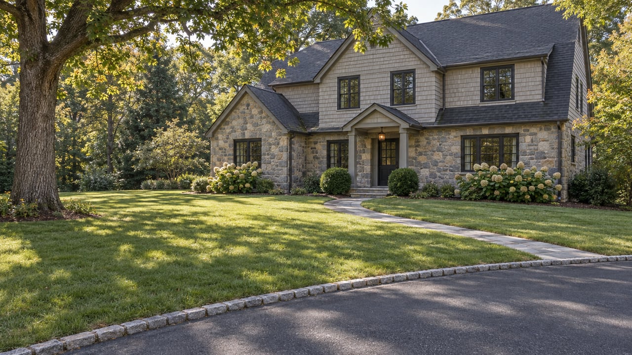 Two-story stone-and-shingle house beyond a broad lawn, with a curving bluestone path and mature oak.