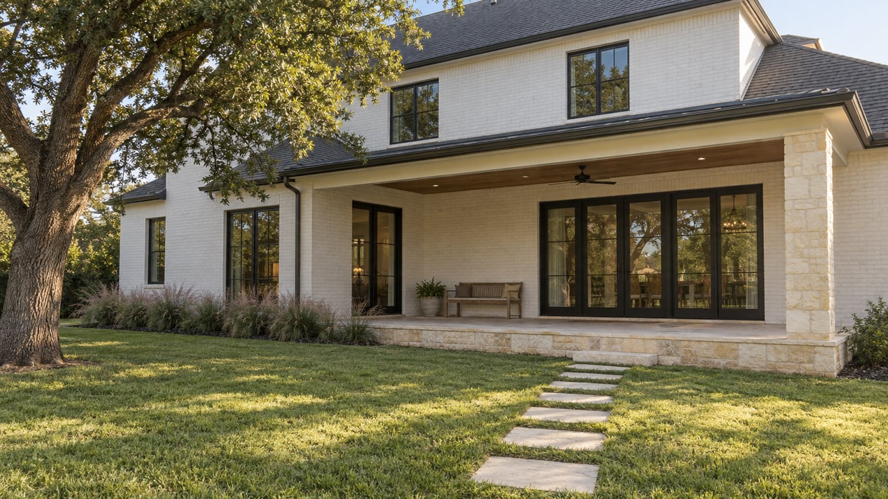 White-brick two-story home with a covered stone patio, lawn stepping stones, and a mature oak.