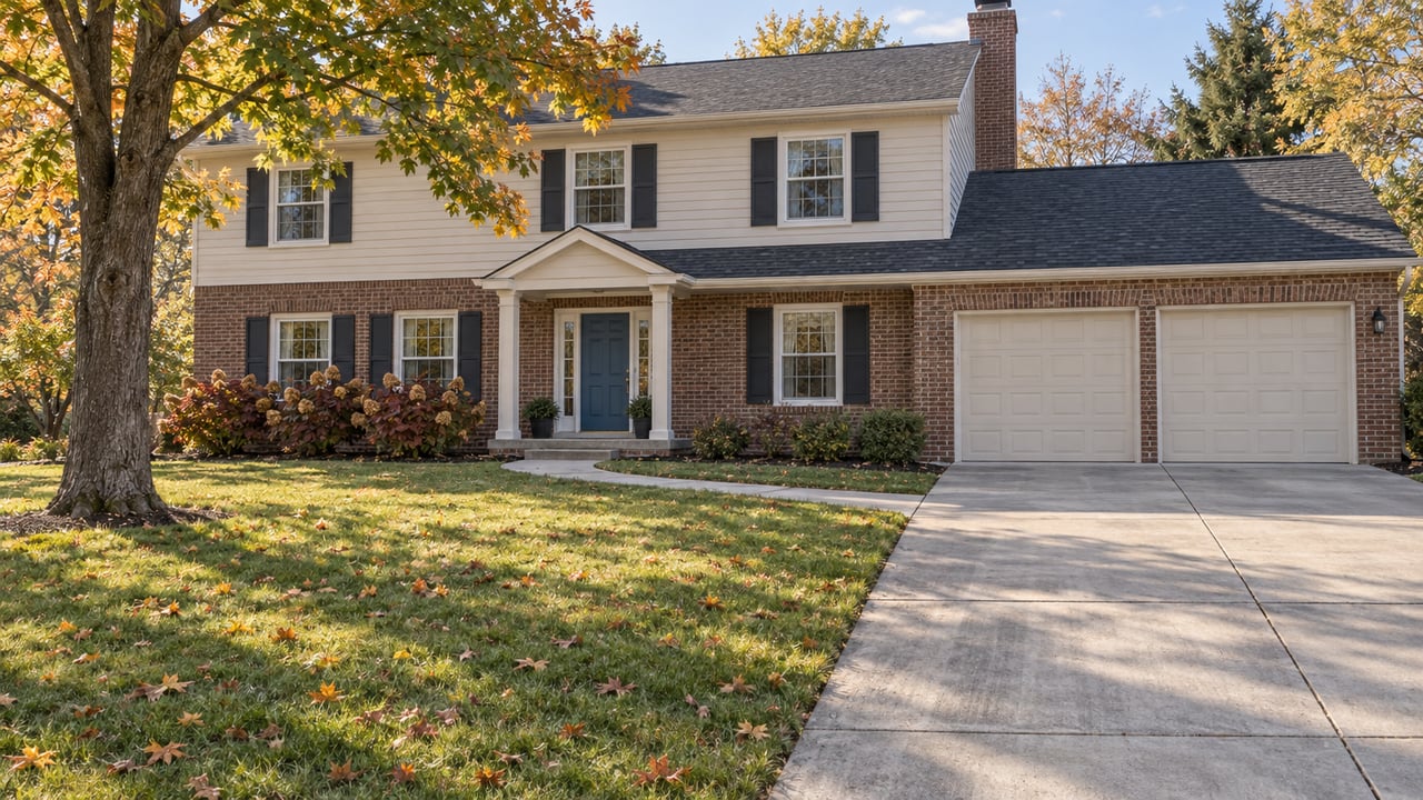 Brick-and-cream two-story home behind a broad autumn lawn, with a covered blue-door entry and attached two-car garage.