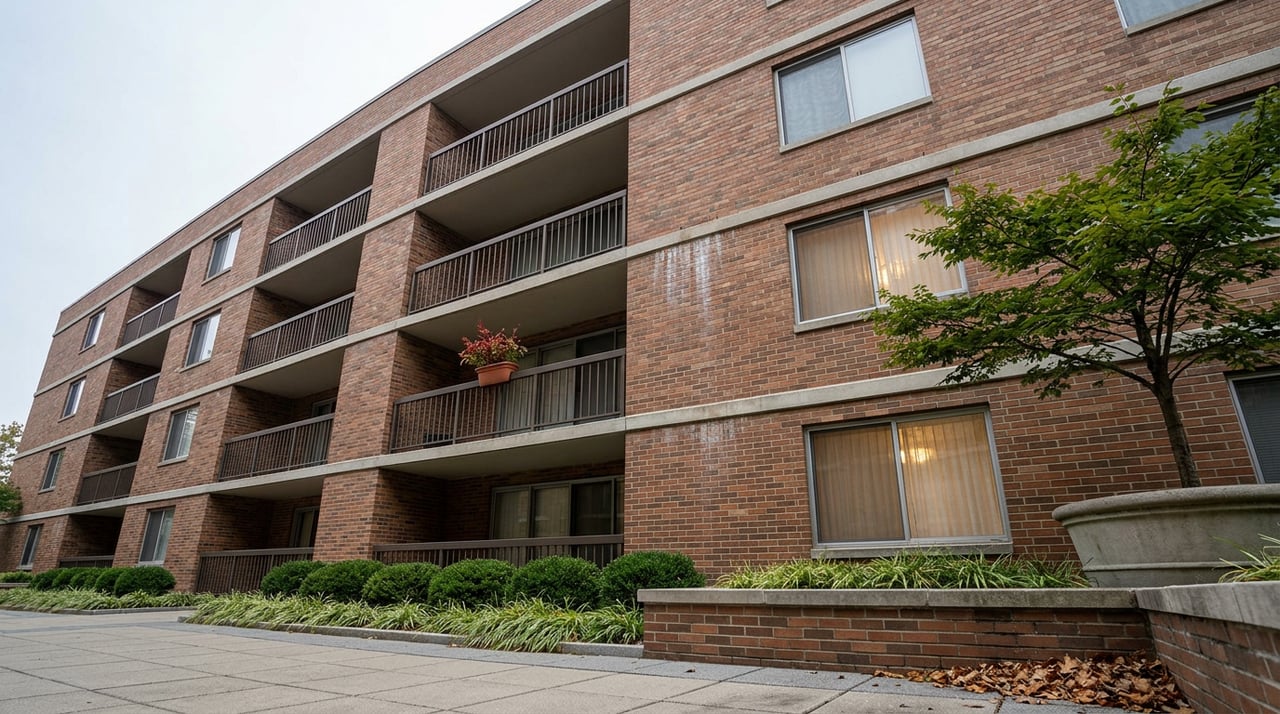 Low-angle view of a brick condominium with recessed balconies, a corner tree, and a paved entry plaza.
