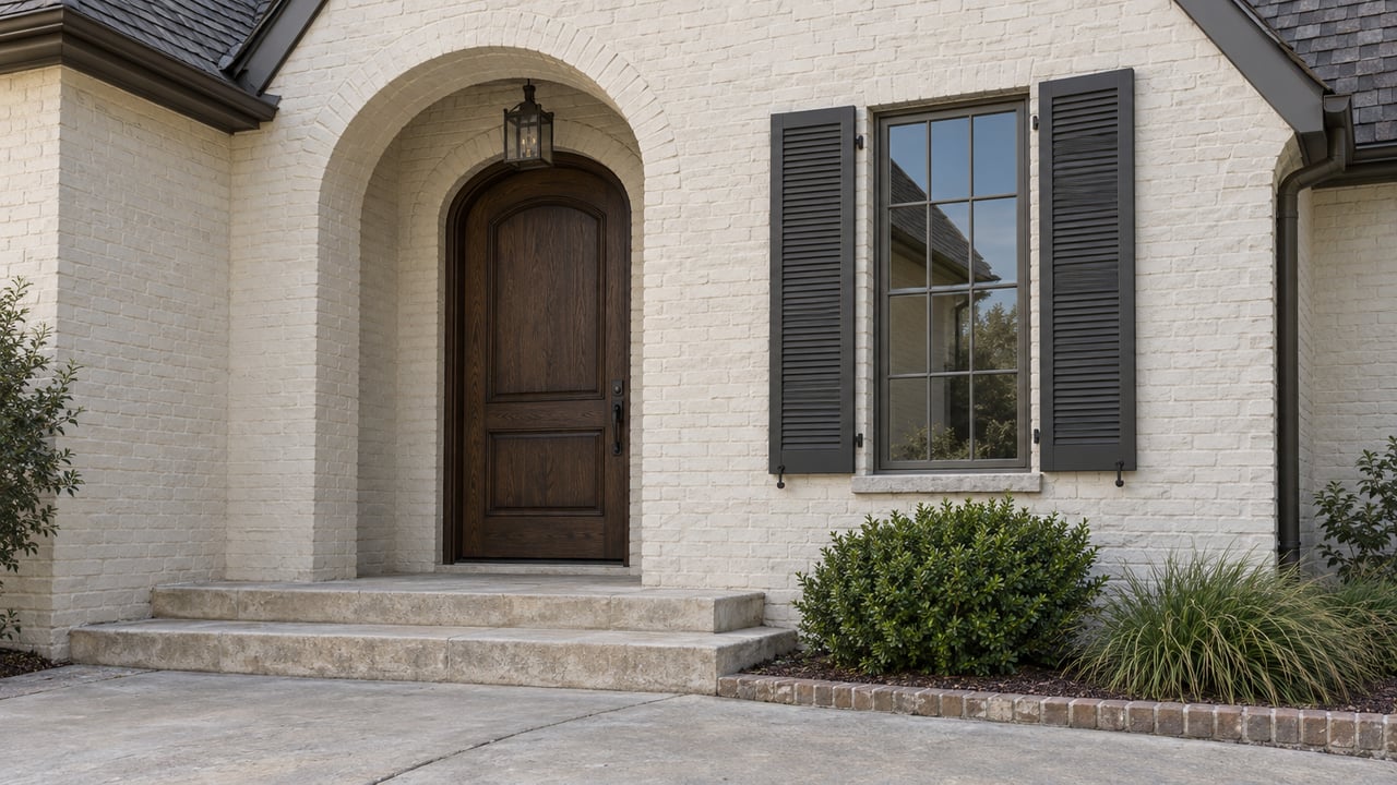 Recessed arched oak doorway beside a shuttered multi-pane window, above broad limestone steps.