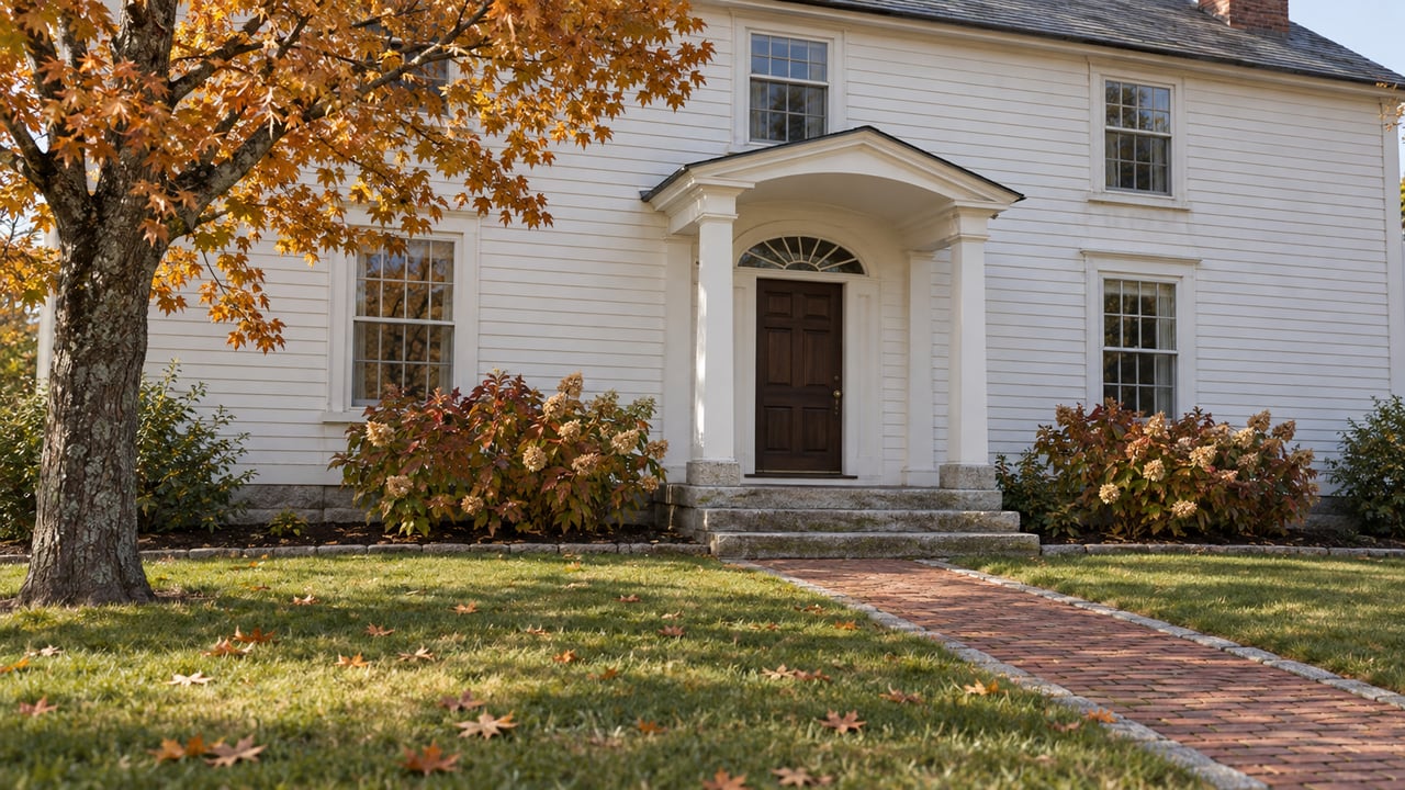 White clapboard home with a dark oak entrance, granite steps and brick walk, seen across an autumn lawn beside a mature sugar maple.