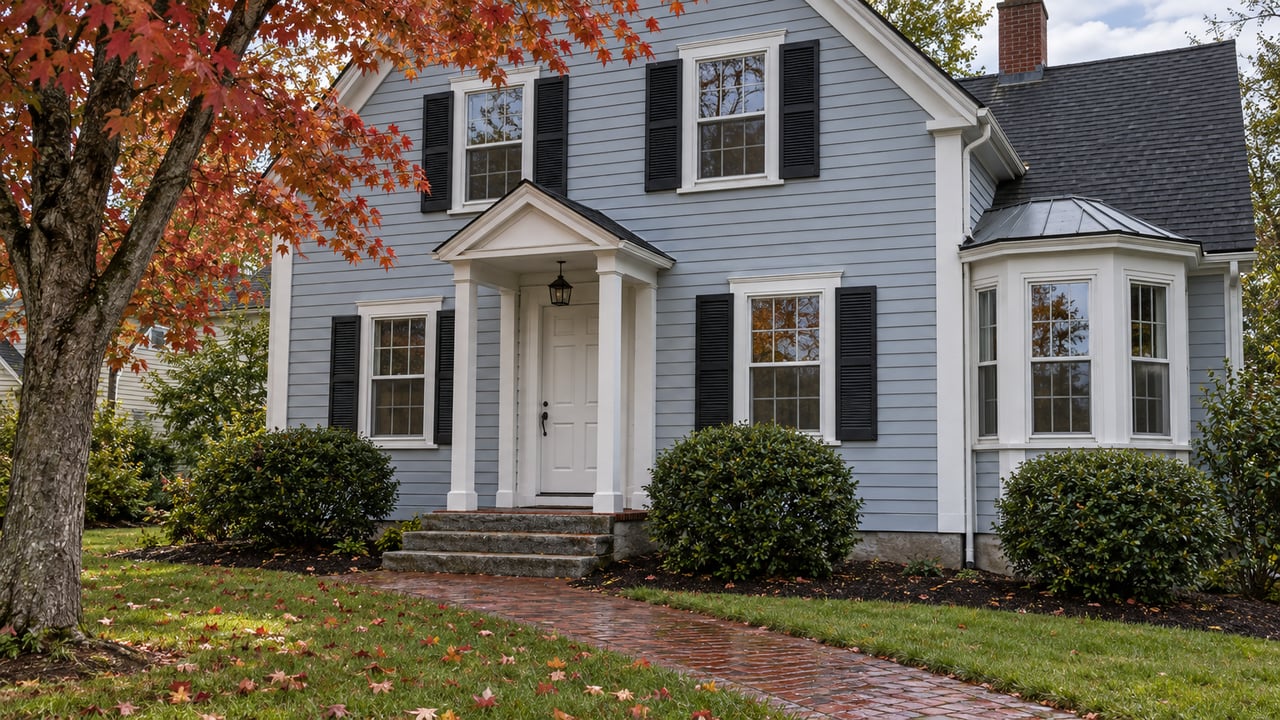 Pale blue-gray clapboard home with white trim, black shutters, granite entry steps and a rain-darkened brick garden walk beneath an autumn maple.