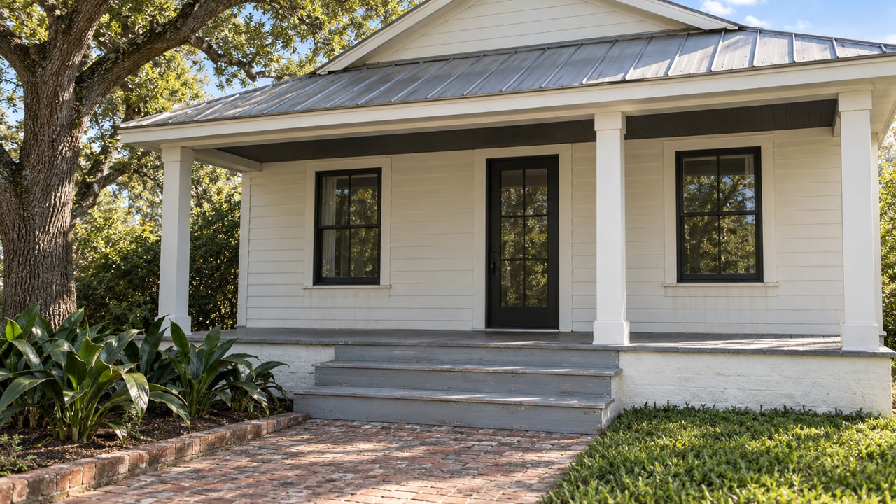 White clapboard cottage with a silver metal roof, shaded front porch, brick approach and a mature spreading oak.
