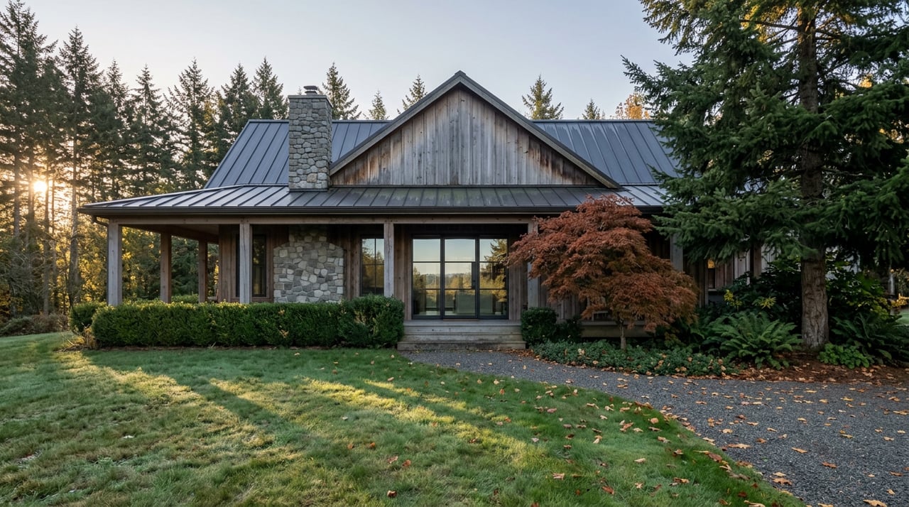 Elevated view of a timber-clad home with a covered porch, russet maple, and gravel path across a broad lawn.